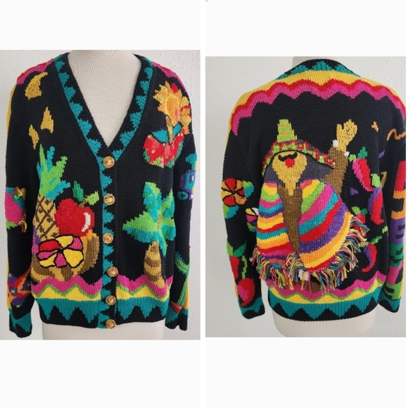 berek Sweaters - VTG Marta Berek Sz Large Fiesta, Mexican, Tropical Knitted by Hand 100% cotton L